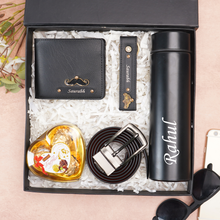 Load image into Gallery viewer, Personalized Leather Men's Wallet,Chocolate,Belt,Keychain,Temperature Bottle Engraved Black Name Plate With Name and Charm | Customised 5 In 1 Gift Combo For Boyfriend Husband & Father On Birthday and Anniversary
