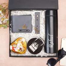 Load image into Gallery viewer, Personalized Leather Men's Wallet,Chocolate,Belt,Keychain,Temperature Bottle Engraved Black Name Plate With Name and Charm | Customised 5 In 1 Gift Combo For Boyfriend Husband & Father On Birthday and Anniversary