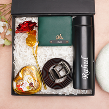 Load image into Gallery viewer, Personalized Leather Men's Wallet,Chocolate,Belt,Rose,Temperature Bottle Engraved Black Name Plate With Name and Charm | Customised 5 In 1 Gift Combo For Boyfriend Husband & Father On Birthday and Anniversary