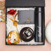 Load image into Gallery viewer, Personalized Leather Men's Wallet,Chocolate,Belt,Rose,Temperature Bottle Engraved Black Name Plate With Name and Charm | Customised 5 In 1 Gift Combo For Boyfriend Husband & Father On Birthday and Anniversary