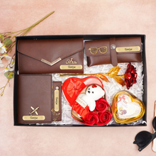 Load image into Gallery viewer, Romantic 7-in-1 Gift Box for Girlfriend / Wife – Personalised Clutch, Passport Cover & Cute Teddy with Chocolates & Rose