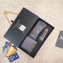 Load image into Gallery viewer, Personalized Leather Men's Wallet,Eyewear Case,Keychain Golden Foil Leather Strip With Name and Charm | Customised 3 In 1 Gift Combo For Boyfriend Husband & Father On Birthday and Anniversary
