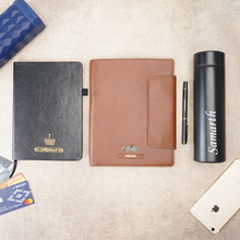Load image into Gallery viewer, Customised Leather Diary Holder, Bottle,Pen & Diary | Customized with Name & Charm