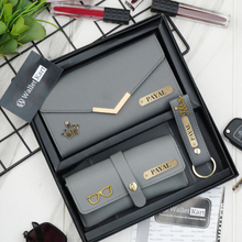 Load image into Gallery viewer, Personalised Women's Clutch, Keychain & Eyewear Case with Name & Charm, Women's Gift Combo for Girlfriend, Friend, Wife, Mother & Sister
