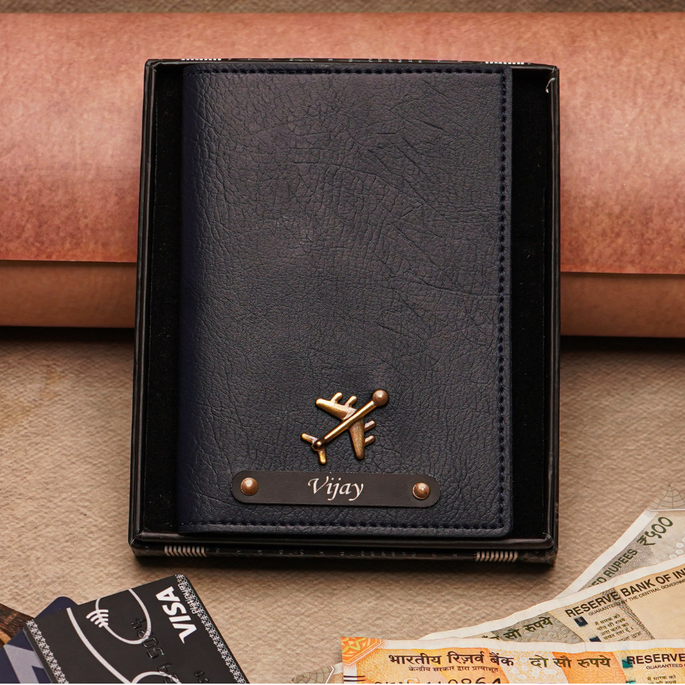 Customizable Leather Passport Cover Featuring Name & Charm on black metal strip