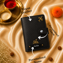 Load image into Gallery viewer, Personalized Wallet, Passport Holder, Eyewear Case, Keychain &amp; Bottle Combo with Custom Name Rudraksha Rakhi | Premium Gift Set for Brother
