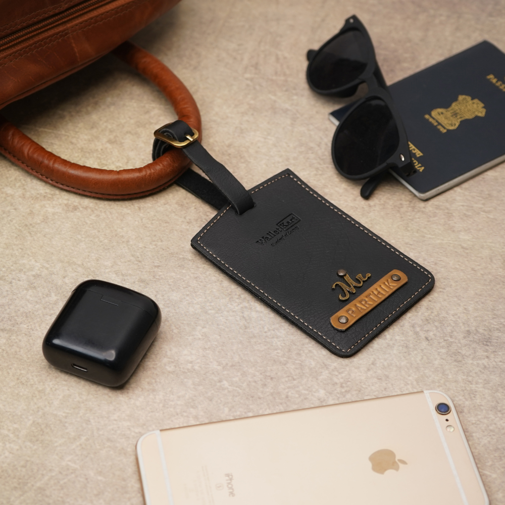 Personalised Luggage Tag with Name Emboss on Leather Strip