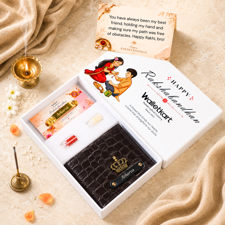 Personalized Croco Texture Leather Wallet with Personalized Rakhi Gift Set | Premium Gift Box with Roli & Chawal | Raksha Bandhan Gift for Brother