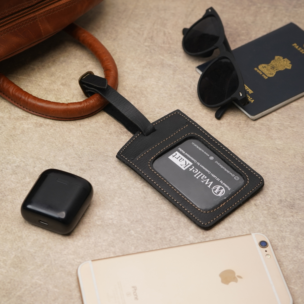 Personalised Luggage Tag with Name Emboss on Leather Strip