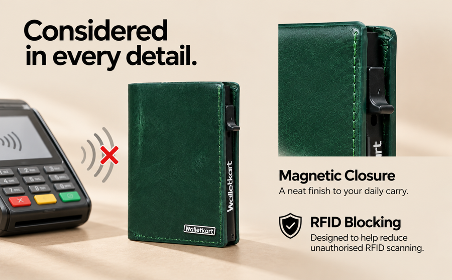 VALENTE Men's Genuine Leather RFID Blocking Bi-Fold Wallet – 6 Pop-Up Cards, 3 Card Slots, 1 ID Window, Magnetic Closure (STYLE ID#44)