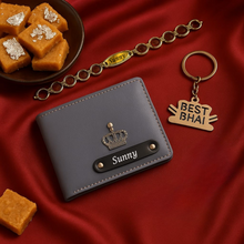 Load image into Gallery viewer, Personalized  Leather Name Wallet Keychain Rakhi ( 3 in 1 Combo) Option for Your Brother
