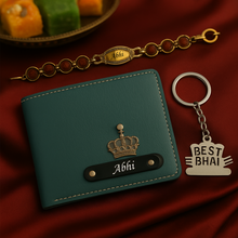 Load image into Gallery viewer, Personalized  Leather Name Wallet Keychain Rakhi ( 3 in 1 Combo) Option for Your Brother
