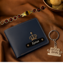 Load image into Gallery viewer, Personalized  Leather Name Wallet Keychain Rakhi ( 3 in 1 Combo) Option for Your Brother
