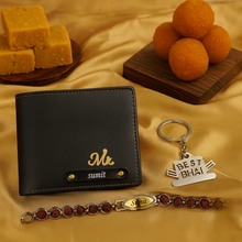 Load image into Gallery viewer, Personalized  Leather Name Wallet Keychain Rakhi ( 3 in 1 Combo) Option for Your Brother
