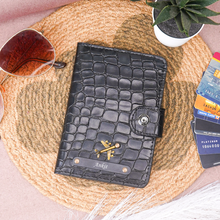 Load image into Gallery viewer, Personalized Passport Holder with Name for Men &amp; Women | Custom Name Travel Wallet with Black Plate &amp; Charm | Textured Passport Cover with Card Slots &amp; Secure Snap Closure

