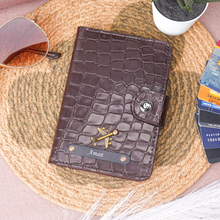 Load image into Gallery viewer, Personalized Passport Holder with Name for Men &amp; Women | Custom Name Travel Wallet with Black Plate &amp; Charm | Textured Passport Cover with Card Slots &amp; Secure Snap Closure
