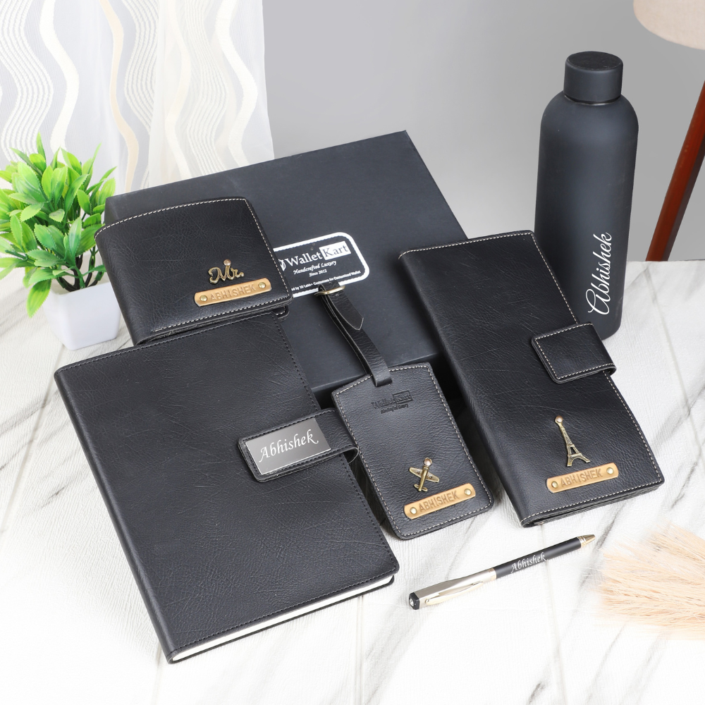 Personalized  Leather Name Men's Wallet Travel wallet Luggage tag Pen Diary and  H2GO Bottle | (6 in 1) Best Gift Combo for Boyfriend Friend Husband Father & Son