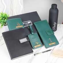 Load image into Gallery viewer, Personalized  Leather Name Men&#39;s Wallet Travel wallet Luggage tag Pen Diary and  H2GO Bottle | (6 in 1) Best Gift Combo for Boyfriend Friend Husband Father &amp; Son

