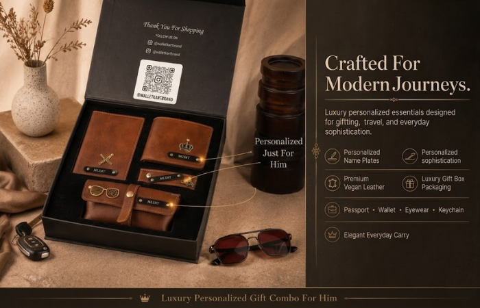 Personalised Leather's Gift Combo for Men – Wallet, Eyewear, Passport & Keychain