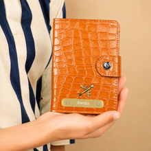 Load image into Gallery viewer, Personalized Passport Holder with Name for Men &amp; Women | Custom Name Travel Wallet with Golden Plate &amp; Charm | Textured Passport Cover with Card Slots &amp; Secure Snap Closure
