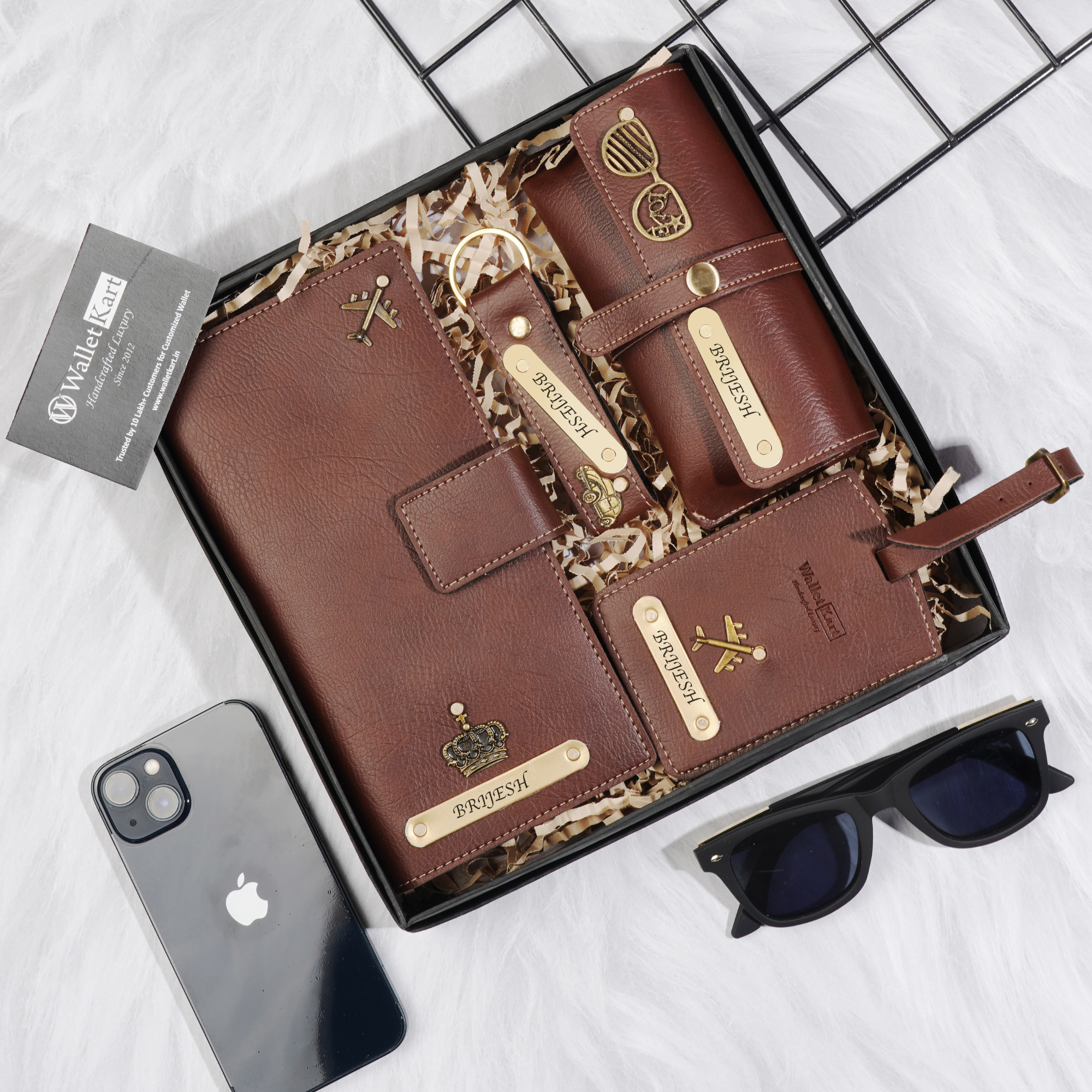 Personalized Leather Travel Wallet, Luggage Tag, Keychain & Eyewear Case Engraved Golden Name Plate With Name and Charm | Customised 4 In 1 Gift Combo For Boyfriend Husband & Father On Birthday and Anniversary