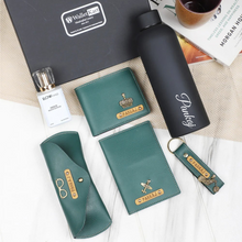 Load image into Gallery viewer, Personalized Leather Name Men&#39;s Wallet Keychain Passport Cover Eyewear H2GO Bottle and Perfume | Customised  Gift (6 in 1 ) Combo for Boyfriend Friend Husband Father &amp; Son
