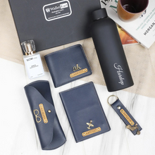 Load image into Gallery viewer, Personalized Leather Name Men&#39;s Wallet Keychain Passport Cover Eyewear H2GO Bottle and Perfume | Customised  Gift (6 in 1 ) Combo for Boyfriend Friend Husband Father &amp; Son
