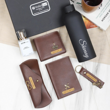 Load image into Gallery viewer, Personalized Leather Name Men&#39;s Wallet Keychain Passport Cover Eyewear H2GO Bottle and Perfume | Customised  Gift (6 in 1 ) Combo for Boyfriend Friend Husband Father &amp; Son
