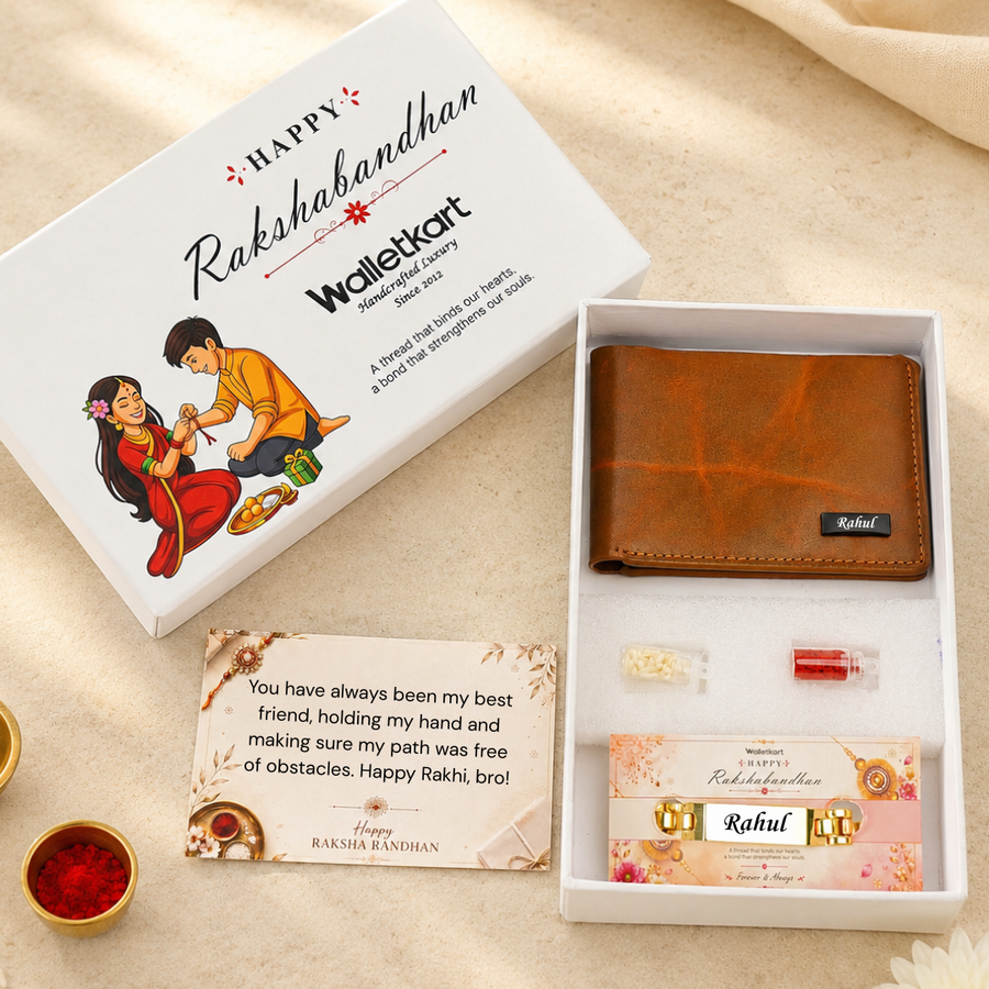 Personalized Genuine Crunch Leather Wallet with Custom Name Golden Chain Rakhi | Premium Raksha Bandhan Gift Box with Roli & Chawal for Brother