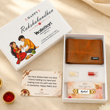 Load image into Gallery viewer, Personalized Genuine Crunch Leather Wallet with Custom Name Golden Chain Rakhi | Premium Raksha Bandhan Gift Box with Roli &amp; Chawal for Brother
