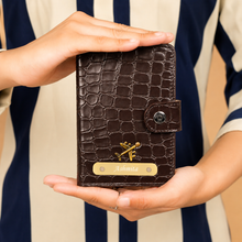 Load image into Gallery viewer, Personalized Passport Holder with Name for Men &amp; Women | Custom Name Travel Wallet with Golden Plate &amp; Charm | Textured Passport Cover with Card Slots &amp; Secure Snap Closure
