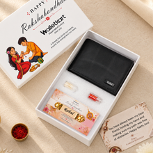 Load image into Gallery viewer, Personalized Genuine Crunch Leather Wallet with Custom Name Golden Chain Rakhi | Premium Raksha Bandhan Gift Box with Roli &amp; Chawal for Brother
