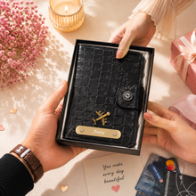 Load image into Gallery viewer, Personalized Passport Holder with Name for Men &amp; Women | Custom Name Travel Wallet with Golden Plate &amp; Charm | Textured Passport Cover with Card Slots &amp; Secure Snap Closure
