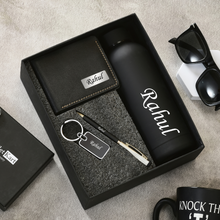 Load image into Gallery viewer, Personalized Genuine Leather Name Men&#39;s Wallet Metal Keychain Pen and H2GO Bottle |  Customized (4 in 1) Gift Combo for Boyfriend Friend Husband Father &amp; Son (STYLE ID #17)
