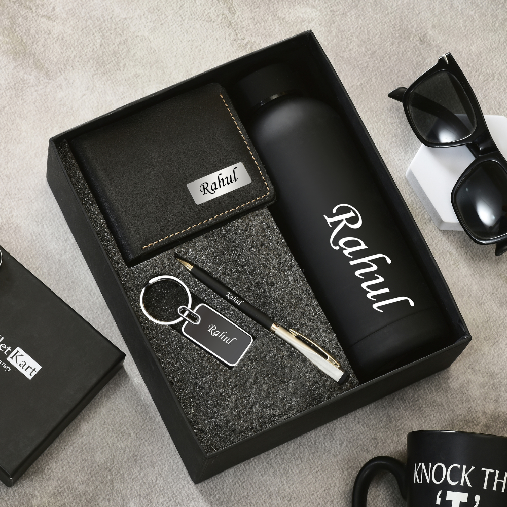Personalized Genuine Leather Name Men's Wallet Metal Keychain Pen and H2GO Bottle |  Customized (4 in 1) Gift Combo for Boyfriend Friend Husband Father & Son (STYLE ID #17)