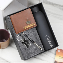 Load image into Gallery viewer, Premium Customized 4 in 1 Combo – Leather Wallet Pen Metal Keychain And Bottle
