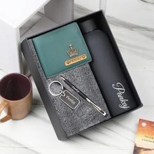 Load image into Gallery viewer, Premium Customized 4 in 1 Combo – Leather Wallet Pen Metal Keychain And Bottle
