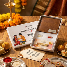 Load image into Gallery viewer, Personalized Wallet &amp; Rudraksha Rakhi Gift Set with Roli &amp; Chawal | Luxury Raksha Bandhan Gift for Brother (Style 15)
