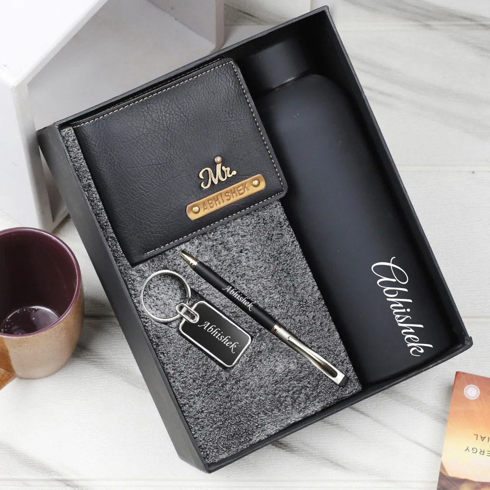 Premium Customized 4 in 1 Combo – Leather Wallet Pen Metal Keychain And Bottle