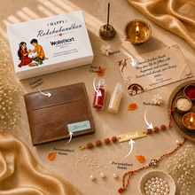Load image into Gallery viewer, Personalized Wallet &amp; Rudraksha Rakhi Gift Set with Roli &amp; Chawal | Luxury Raksha Bandhan Gift for Brother (Style 15)
