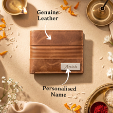 Load image into Gallery viewer, Personalized Wallet &amp; Rudraksha Rakhi Gift Set with Roli &amp; Chawal | Luxury Raksha Bandhan Gift for Brother (Style 15)
