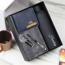 Load image into Gallery viewer, Premium Customized 4 in 1 Combo – Leather Wallet Pen Metal Keychain And Bottle
