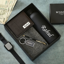 Load image into Gallery viewer, Personalized Genuine Leather Name Men&#39;s Wallet Metal Keychain Pen and H2GO Bottle |  Customised (4 in 1) Gift Combo for Boyfriend Friend Husband Father &amp; Son (STYLE ID #21)
