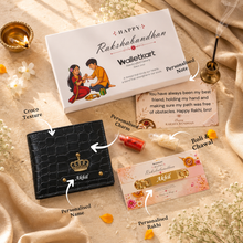 Load image into Gallery viewer, Personalized Croco Texture Leather Wallet with Personalized Rakhi Gift Set | Premium Gift Box with Roli &amp; Chawal | Raksha Bandhan Gift for Brother
