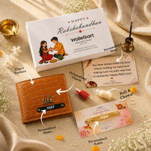 Load image into Gallery viewer, Personalized Croco Texture Leather Wallet with Personalized Rakhi Gift Set | Premium Gift Box with Roli &amp; Chawal | Raksha Bandhan Gift for Brother
