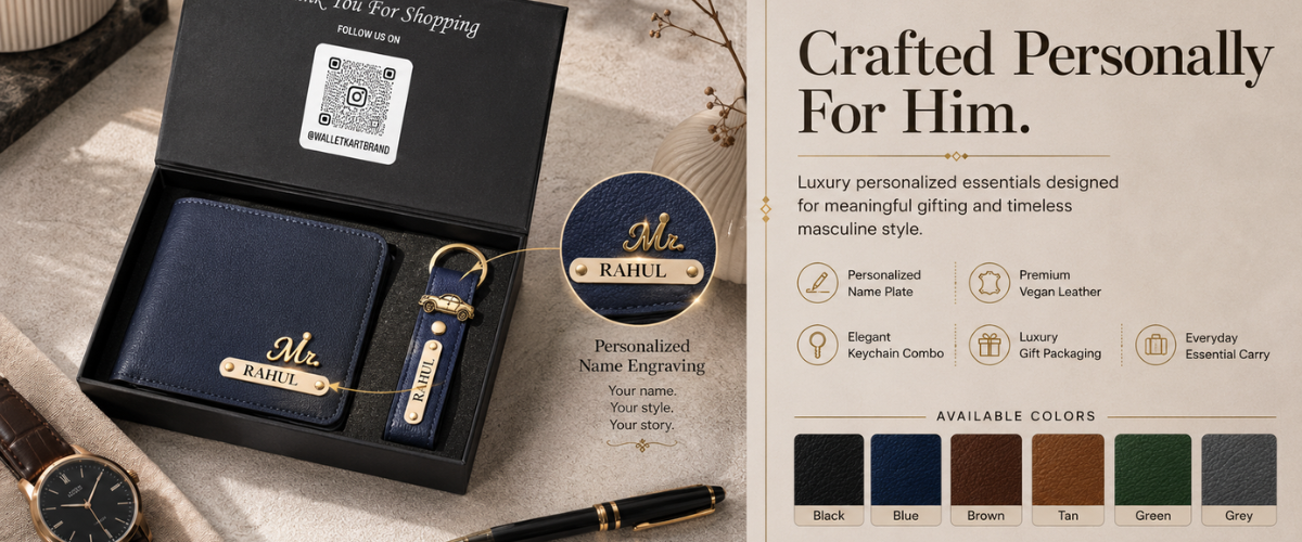 Personalised Men's Leather Wallet & Keychain with Name & Charm
