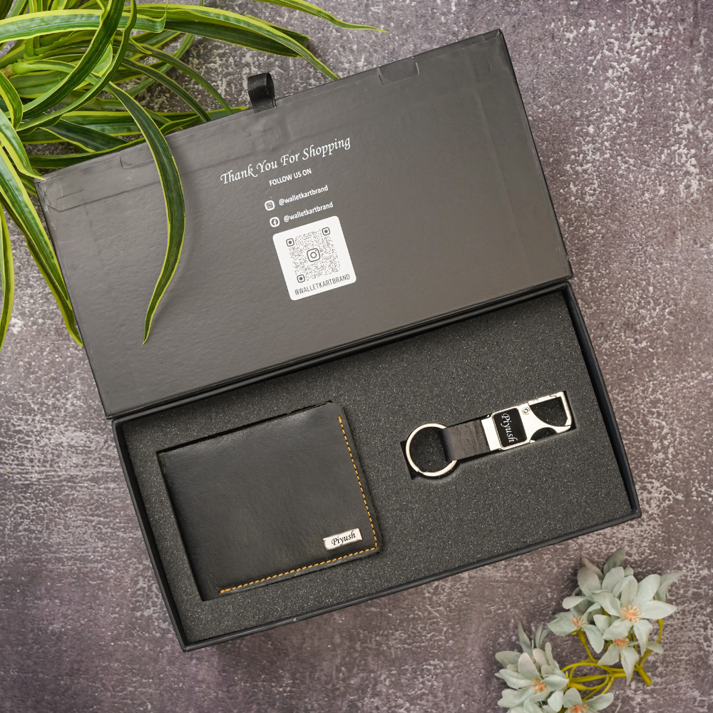 Buy Personalised Name Engraved Wallet & Snaphook for Men | Customised 2 in 1 Gift Combo for Boyfriend Husband on Birthday & Anniversary (STYLE ID #17)