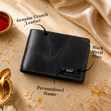 Load image into Gallery viewer, Personalized Genuine Crunch Leather Wallet with Custom Name Golden Chain Rakhi | Premium Raksha Bandhan Gift Box with Roli &amp; Chawal for Brother
