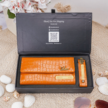 Load image into Gallery viewer, Personalized Gift Combo for Women with Custom Name and Charm | Croco Texture Clutch &amp; Matching Keychain with Golden Name Plate | Premium Gift Box for Her

