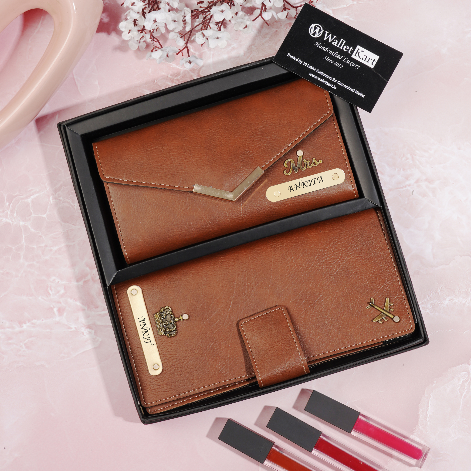 Personalized 2-in-1 Leather Gift Set | Custom Clutch & Travel Wallet with Name & Charm | Premium Gift for Women